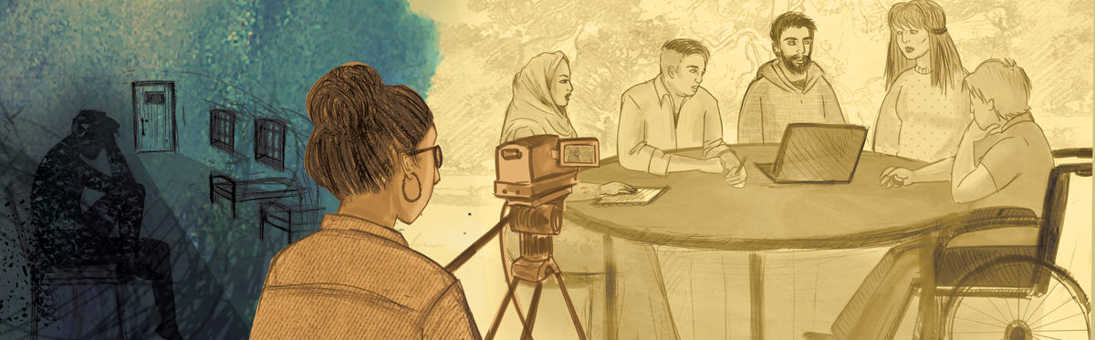 Illustration: groupe de survivants partageant leurs histoires